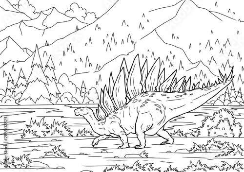 Coloring book for children with a dinosaur hand-painted in cartoon style