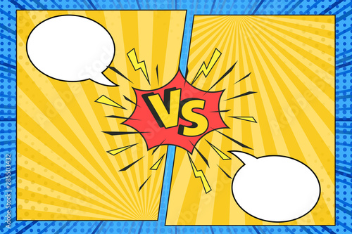 Versus comic frame. Vs comics book clash frames with cartoon text speech bubbles on halftone stripes background vector template. Comic magazine funny