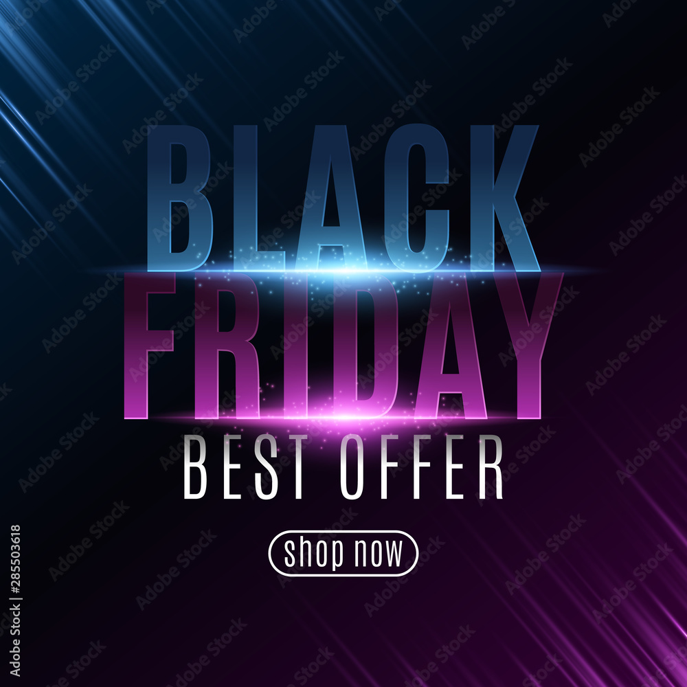 Poster for Black Friday sale. Glowing neon text with flying paticles. Modern design for your business project. Purple and blue rays. Vector illustration