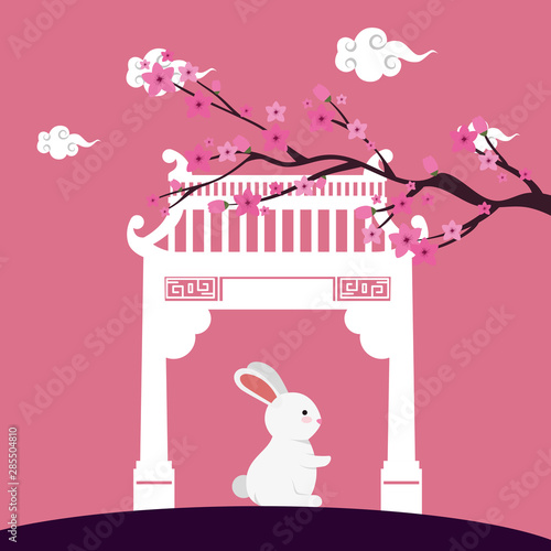 little rabbit with chinese arch and tree plant scene