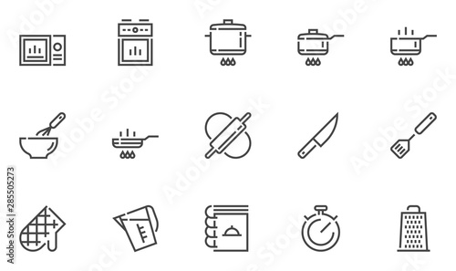 Cooking vector line icons. Kitchen utensils, chef knife, cooking book, roasting, fry. Editable Stroke. 48x48 Pixel Perfect.