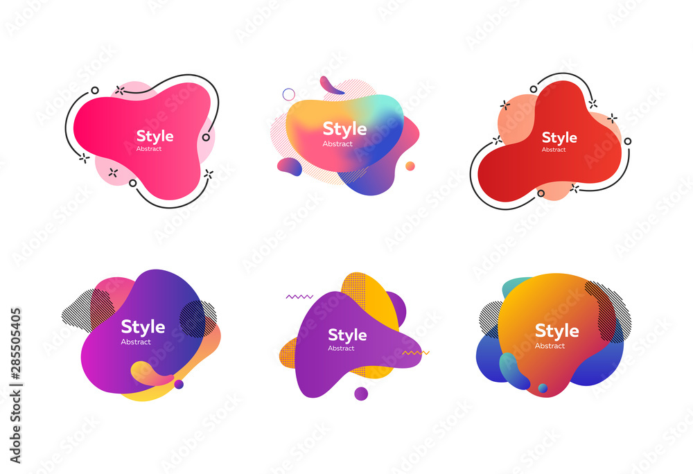 Set of bright colorful abstract graphic elements. Dynamical colored forms and dots. Gradient banners with flowing liquid shapes. Template for design of logo, flyer or presentation. Vector illustration Set of bright colorful abstract graphic elements. Dynamical colored forms and dots. Gradient banners with flowing liquid shapes. Template for design of logo, flyer or presentation. Vector illustration