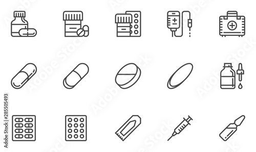 Medical drugs vector line icons. Pill, lozenge, syringe for injection, rectal suppository, pill blister. Editable Stroke. 48x48 Pixel Perfect.