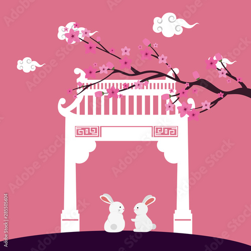 little rabbits with chinese arch and tree plant scene