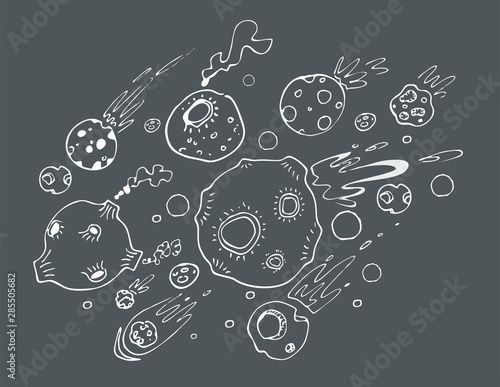 meteor shower, asteroids. Doodle, vector graphics, set.