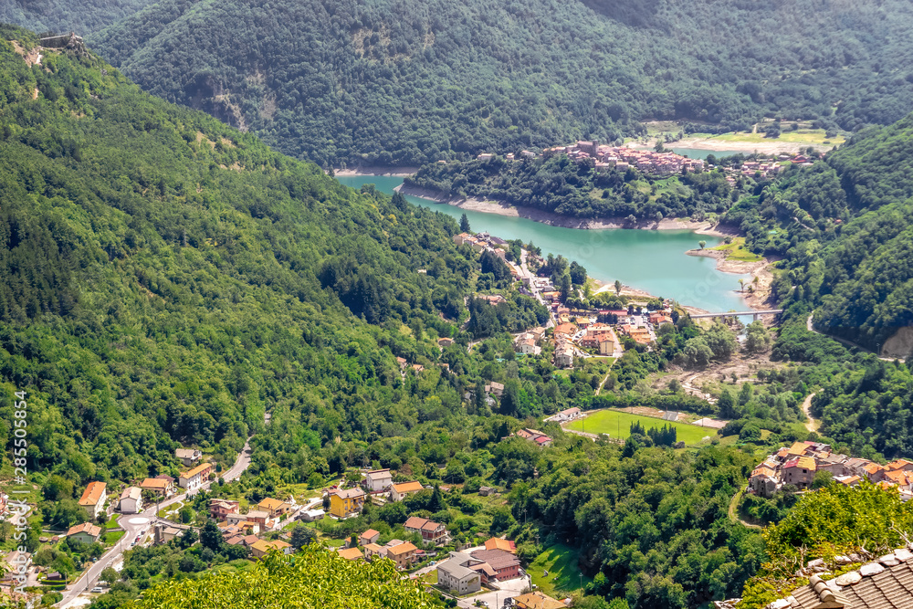 View of Vagli Sotto village and Lake Vagli in Garfagnana, from Campocatino in the province of Lucca. Hidden gem for nature lovers, hikers etc.