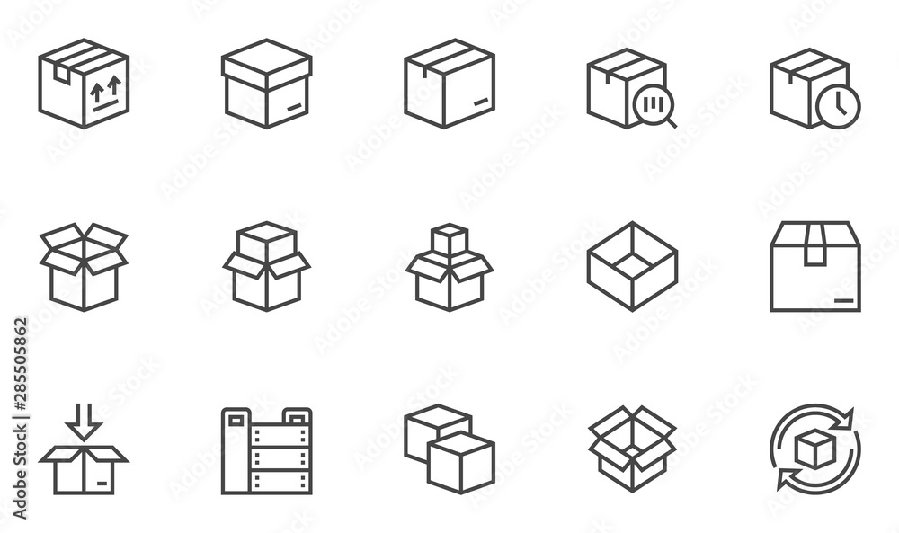 Boxes vector line icons set. Open Box, recycled box, wooden crate. Editable Stroke. 48x48 Pixel Perfect. Boxes vector line icons set. Open Box, recycled box, wooden crate. Editable Stroke. 48x48 Pixel Perfect.