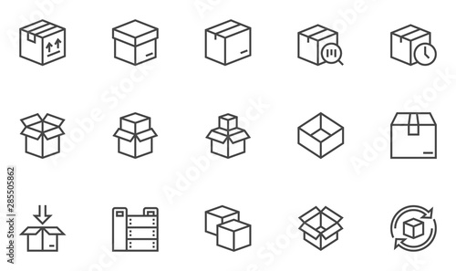 Boxes vector line icons set. Open Box, recycled box, wooden crate. Editable Stroke. 48x48 Pixel Perfect. © kuroksta