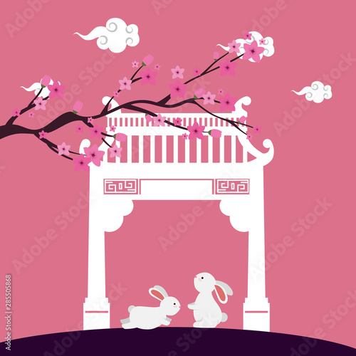 little rabbits with chinese arch and tree plant scene