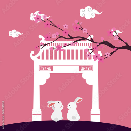 little rabbits with chinese arch and tree plant scene