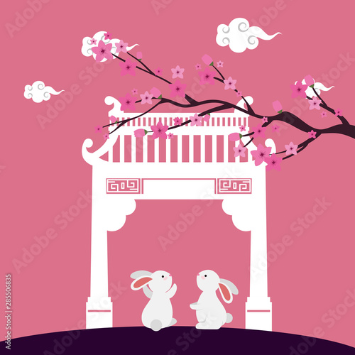 little rabbits with chinese arch and tree plant scene