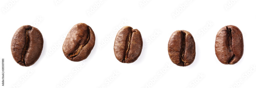 Coffee beans set isolated on white background and texture, top view - obrazy, fototapety, plakaty 