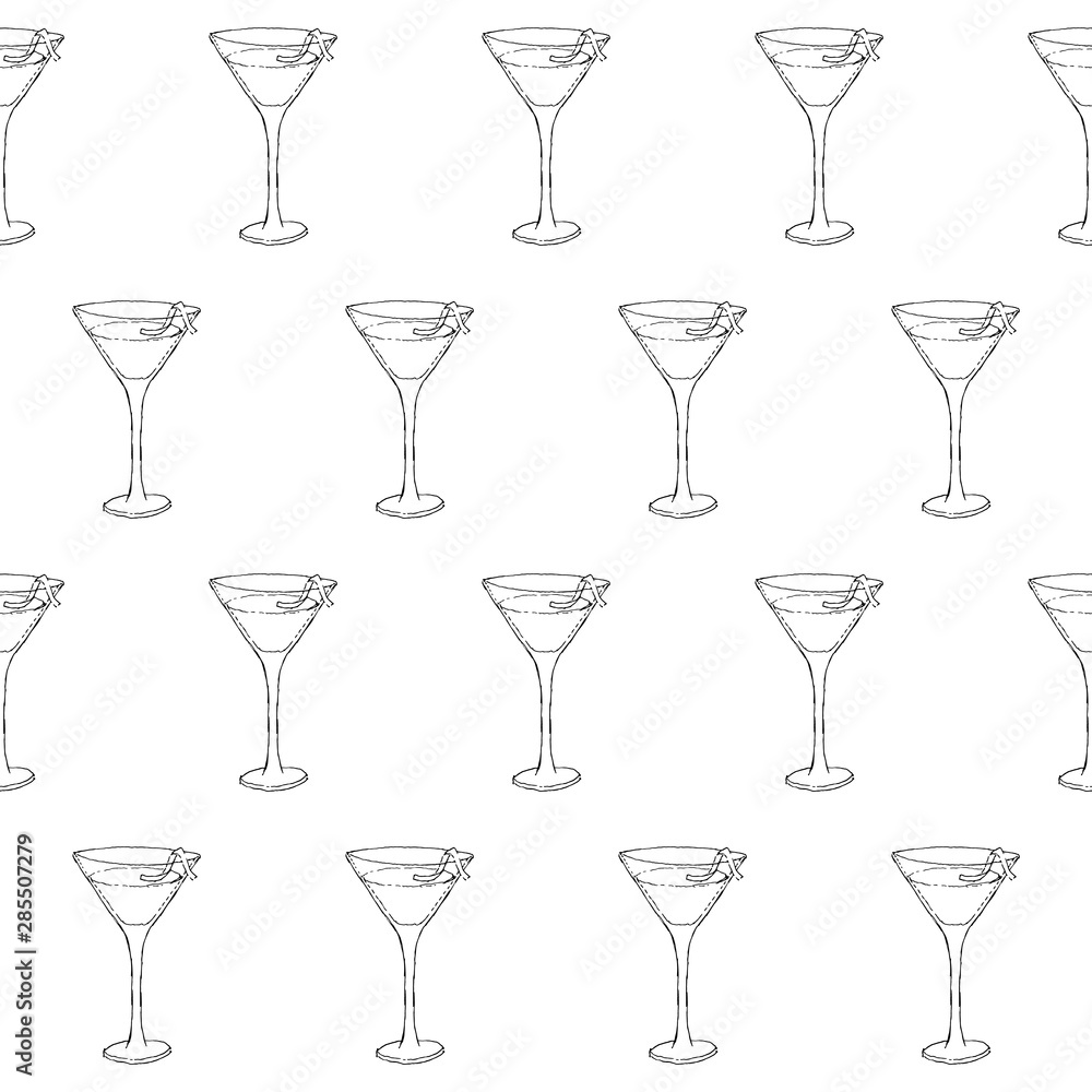 Cosmopolitan Cocktail in a glass with orange pile decoration. Seamless pattern of cocktails. Monochrome sketch, hand drawing. Outline, doodle. Vector illustration. EPS10 Cosmopolitan Cocktail in a glass with orange pile decoration. Seamless pattern of cocktails. Monochrome sketch, hand drawing. Outline, doodle. Vector illustration. EPS10