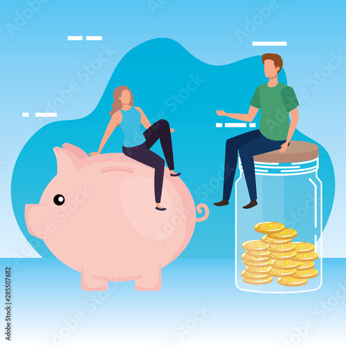 young couple with coins money in mason jar and piggy
