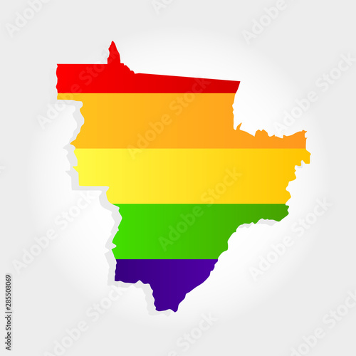 Rainbow flag in contour of Midwest of Brazil. Lgbt flag in contour of Midwest of Brazil with light grey background. Brazilian region. Center west of Brazil.