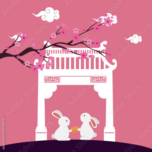 little rabbits with chinese arch and tree plant scene