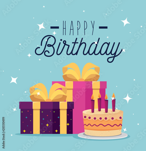 sweet cake with candles and present gifts