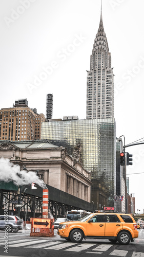 42nd Street Panorama. Grand Central Terminal Station Facade, buildings and taxi. NYC, USA
