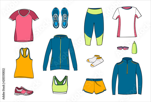 Running clothes set of hand drawn illustrations. Colorful doodle style. Vector