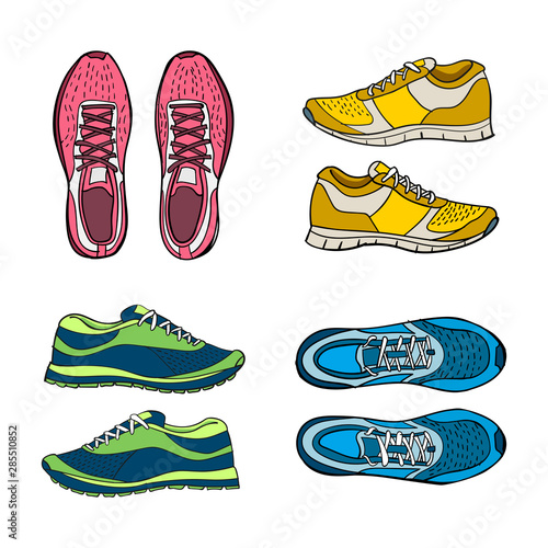 Running shoes set of hand drawn illustrations. Colorful doodle style. Vector