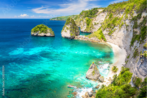Paradise tropical island with sandy beach, palms trees, reef and rocks © Taiga