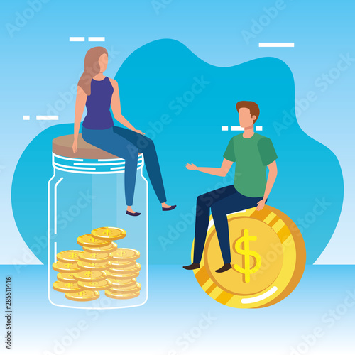 young couple with coins money in mason jar