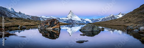 Matterhorn mountain and Stellisee panorama in winter, Switzerland