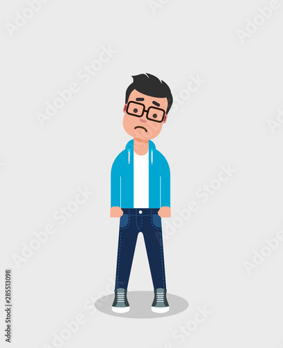 Sad young man. Teenagers depression. Low mood, unhappy teen. Bad day concept, apathy. Boy in jeans and sweatshirt looking disappointed. Vector illustration, flat style, clip art.   