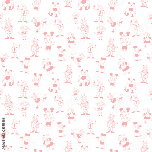 Vector white cute anthromorphic cartoon characters in beautiful peach seamless pattern background