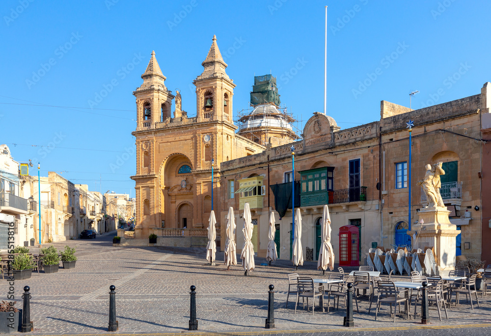 Fototapeta premium Marsaxlokk. The building of the church of St. Peter on a sunny morning.