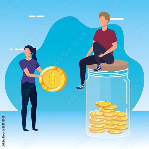young couple with coins money in mason jar