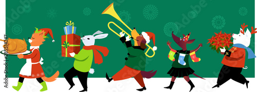 Cute group of cartoon animals in fun outfits celebrates Christmas with turkey, gifts and music, EPS 8 vector illustration