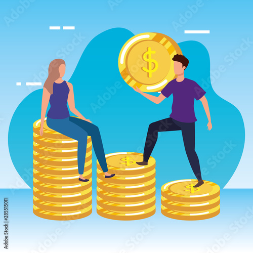 young couple with coins money avatars characters