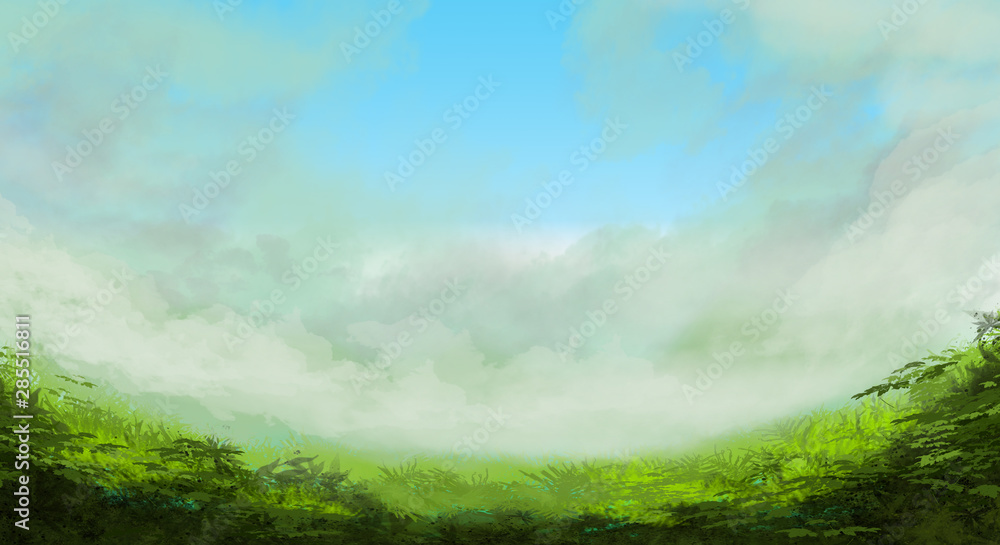 Green grasses meadow with clouds and blue sky background digital painting game art illustration 