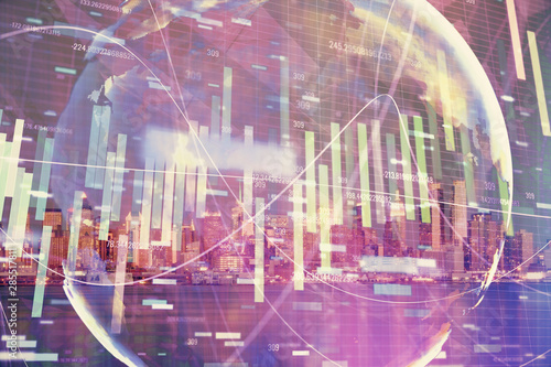 Double exposure of business theme hologram drawing and city veiw background. Concept of success. © peshkova