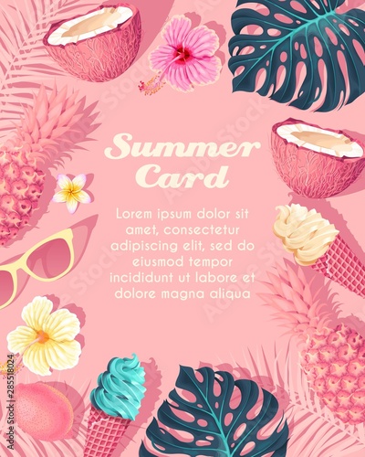 Vector tropic card with icecream and fruits