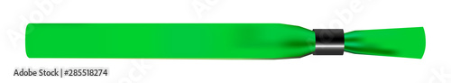 Vector illustration of green empty fabric polyester bracelet or wristband with plastic safety lock. Hand entrance festival bracelet isolated on white. Template or mock up suitable for identification.