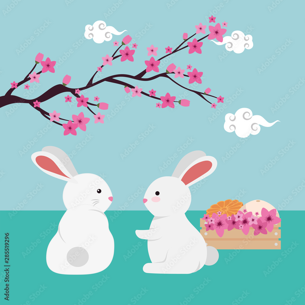 rabbits couple with chinese tree branch and flowers rabbits couple with chinese tree branch and flowers