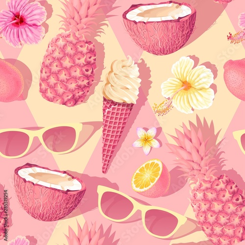 Flowers and exotic fruits vector seamless pattern