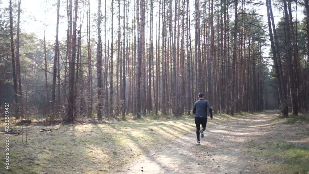 Athlete running in the woods.Morning jog in the woods. A young man runs in the morning in the woods. Sports in the woods. Athlete running in the woods.Morning jog in the woods. A young man runs in the morning in the woods. Sports in the woods.