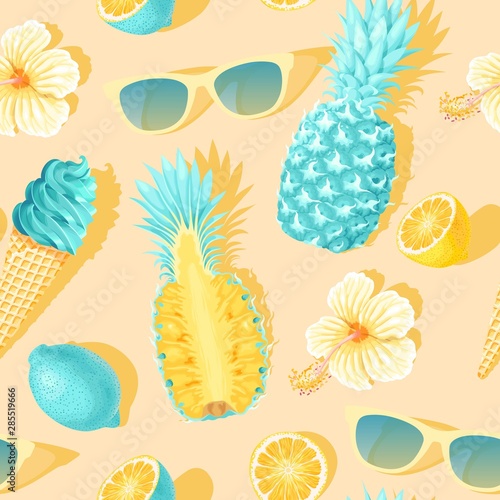 Flowers and exotic fruits vector seamless pattern