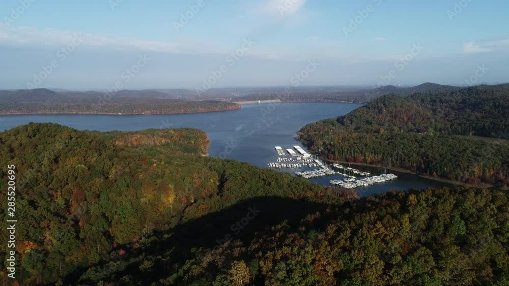 Boats docked in Cave Run Lake, wide aerial Boats docked in Cave Run Lake, wide aerial