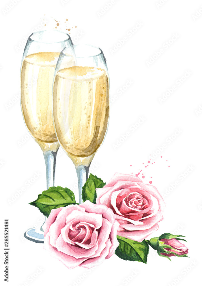 Love and romance. Rose flowers and two glasses of champagne. Wedding concept. Watercolor hand drawn illustration, isolated on white background Love and romance. Rose flowers and two glasses of champagne. Wedding concept. Watercolor hand drawn illustration, isolated on white background