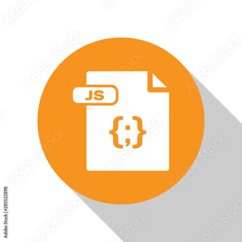 White JS file document. Download js button icon isolated on white background. JS file symbol. Orange circle button. Vector Illustration