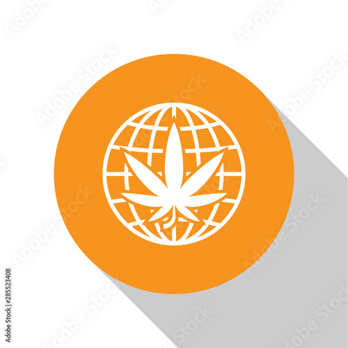 White Legalize marijuana or cannabis globe symbol icon isolated on white background. Hemp symbol. Orange circle button. Vector Illustration