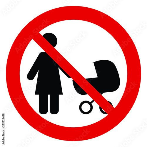  No stroller vector. Not allow stroller, carriage sign. The red circle prohibiting sing 