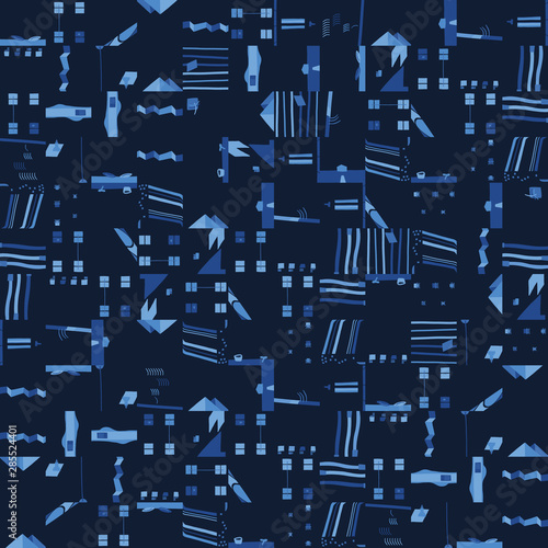 Indigo blue seamless dyed pattern. Hand drawn geometric background. Japanese style allover print. Vector masculine shirting line art swatch