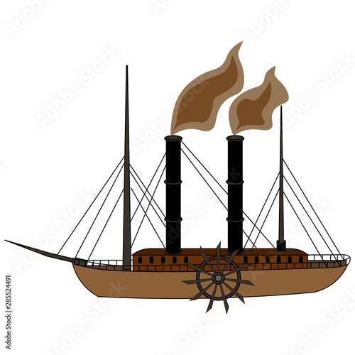 Hand drawing of a vintage steam paddle riverboat