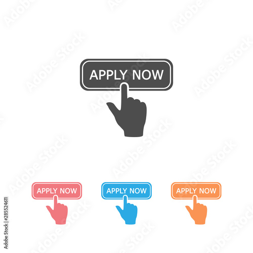 Apply now icon set in flat style. Finger cursor vector on white isolated background. Click button business