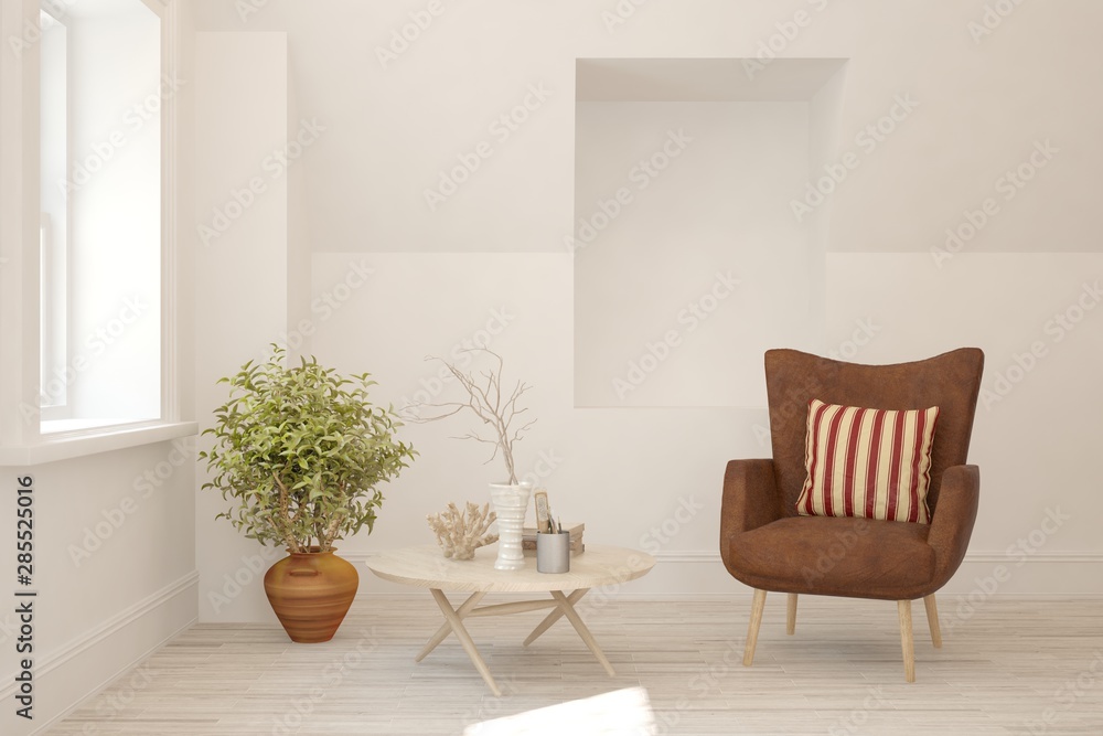 White room with armchair and winter landscape in window. Scandinavian interior design. 3D illustration White room with armchair and winter landscape in window. Scandinavian interior design. 3D illustration